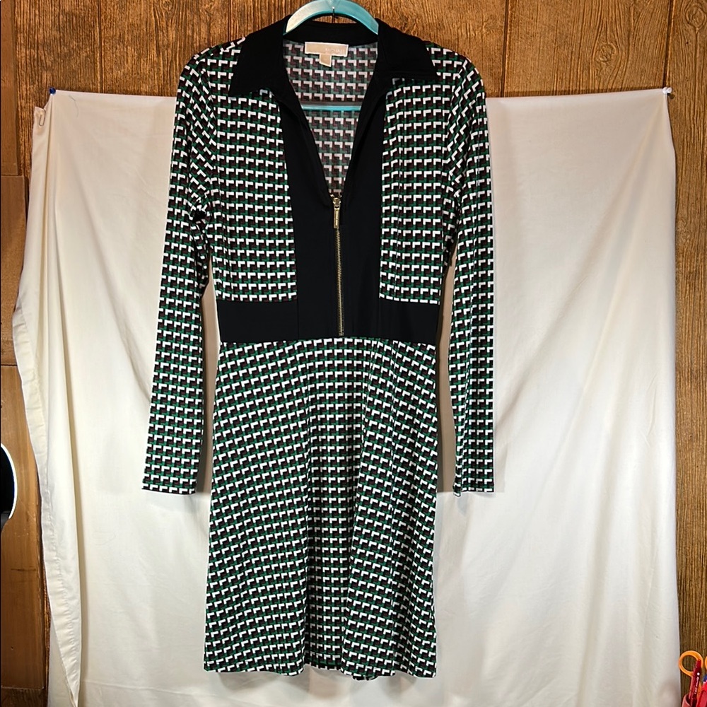 Michael Kors Elegant Black,Green and White Patterned Dress